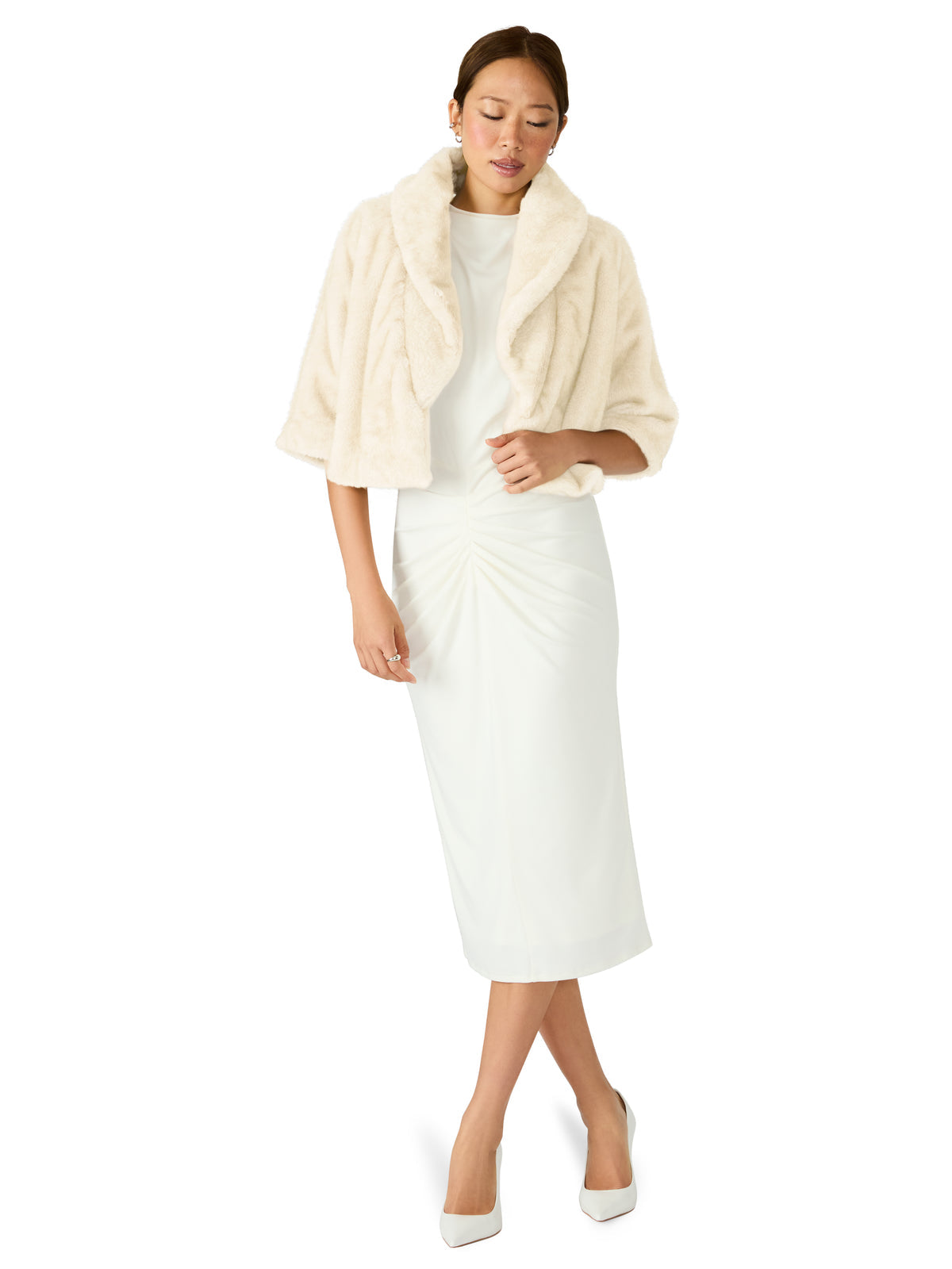 HESTIA Cream Faux Fur Cropped Collared Neckline Women's Coat