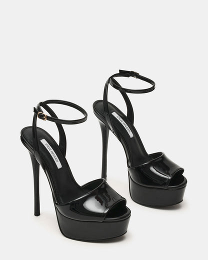 JEZZICA Black Patent Platform Stiletto Ankle Strap Women's Heel