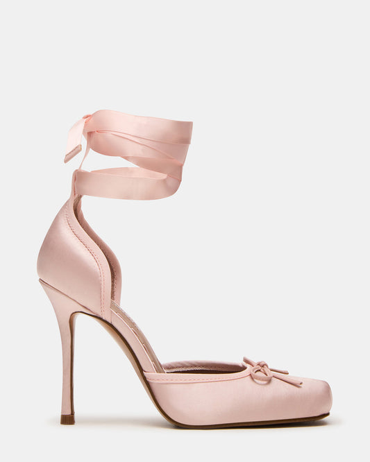 LARINA Pink Satin Square-Toe Stiletto Pump Lace-Up Women's Heel