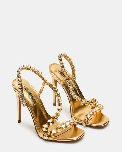 NYLIE Gold Multi Strappy Square-Toe Embellished Women's Heel