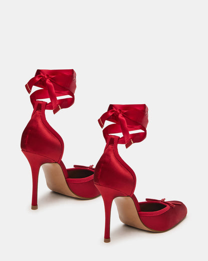 LARINA Red Satin Square-Toe Stiletto Pump Lace-Up Women's Heel