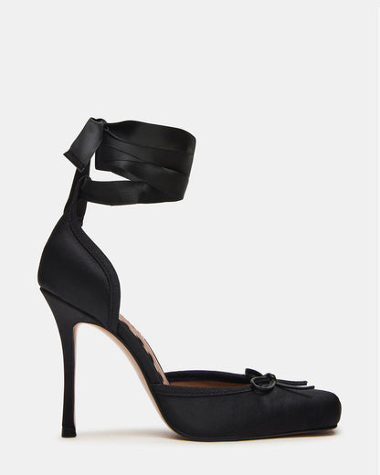 LARINA Black Satin Square-Toe Stiletto Pump Lace-Up Women's Heel