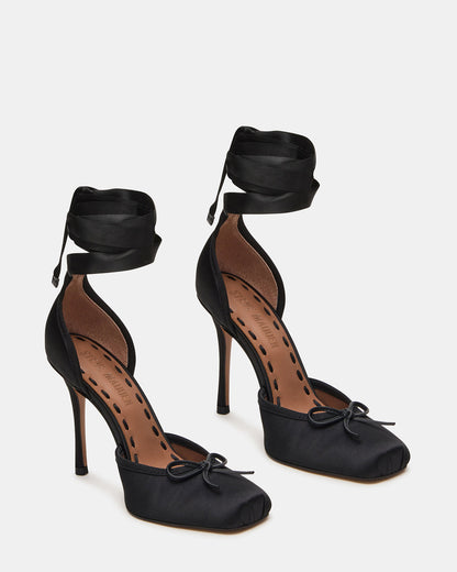 LARINA Black Satin Square-Toe Stiletto Pump Lace-Up Women's Heel
