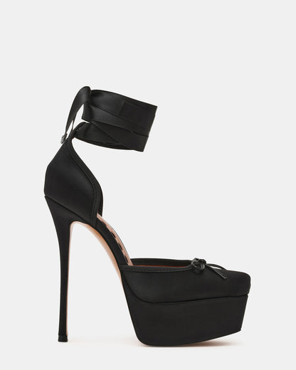 LISTEN Black Satin Stiletto Pump Lace-Up Women's Heel