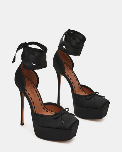 LISTEN Black Satin Stiletto Pump Lace-Up Women's Heel