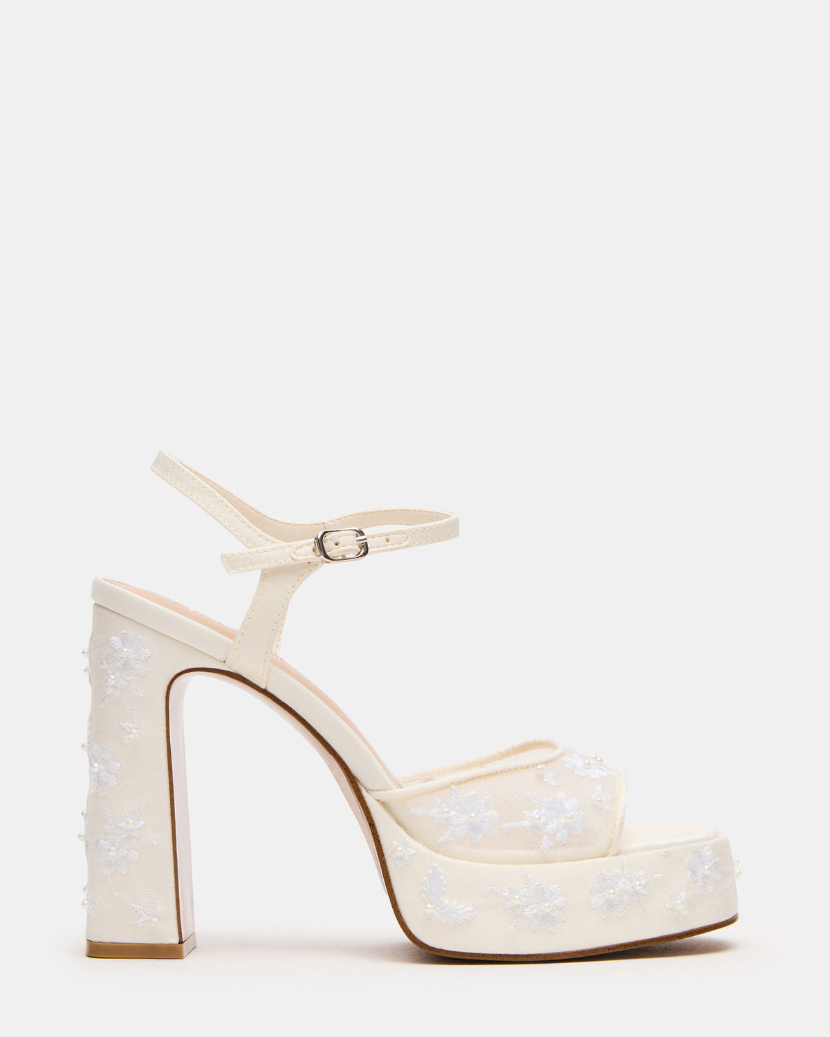 LIANDRA Embellished White Mesh Platform Square-Toe Strappy Women's Heel