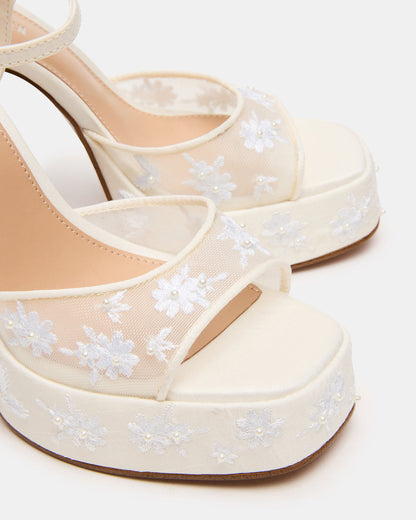 LIANDRA Embellished White Mesh Platform Square-Toe Strappy Women's Heel