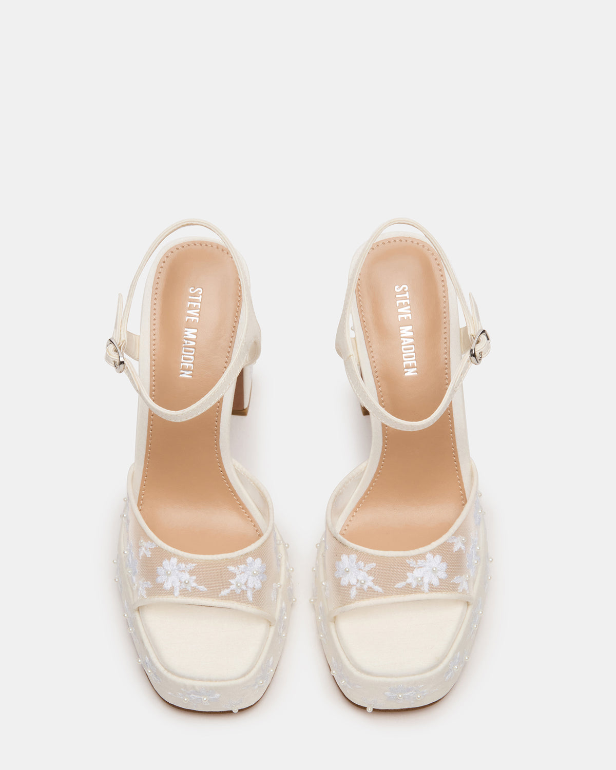 LIANDRA Embellished White Mesh Platform Square-Toe Strappy Women's Heel