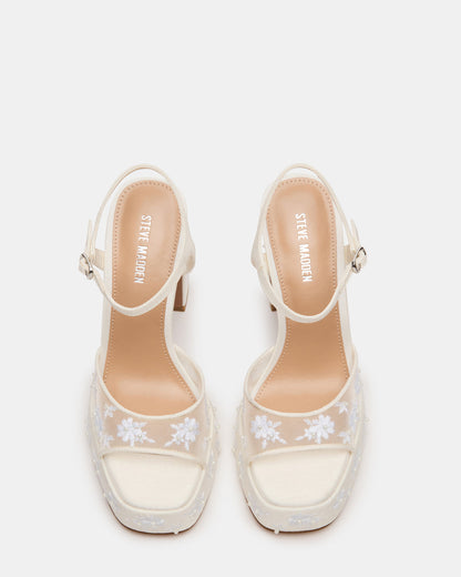 LIANDRA Embellished White Mesh Platform Square-Toe Strappy Women's Heel