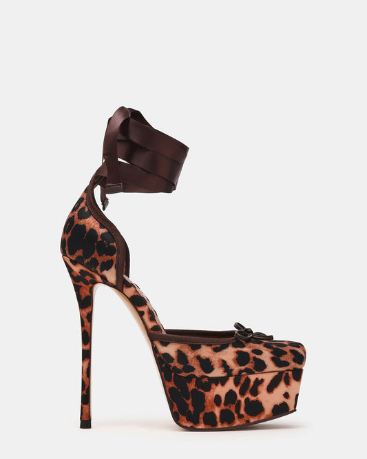 LISTEN Leopard Satin Stiletto Pump Lace-Up Women's Heel