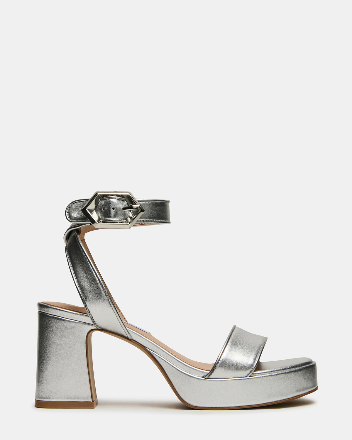 ELIDA Silver Leather Ankle Strap Platform Women's Block Heel