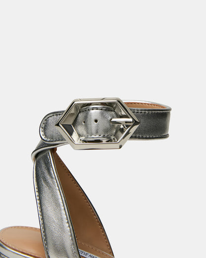 ELIDA Silver Leather Ankle Strap Platform Women's Block Heel
