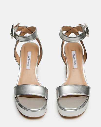 ELIDA Silver Leather Ankle Strap Platform Women's Block Heel