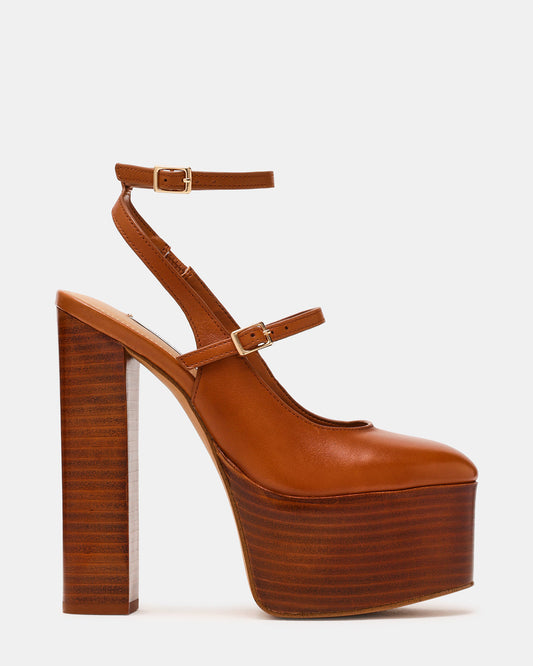 SCOTLYN Stacked Tan Leather Mary-Mary Platform Women's Block Heel