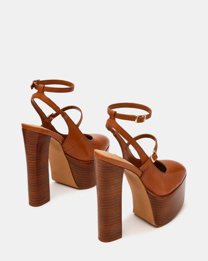 SCOTLYN Stacked Tan Leather Mary-Mary Platform Women's Block Heel