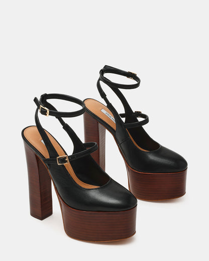 SCOTLYN Stacked Black Leather Mary-Mary Platform Women's Block Heel