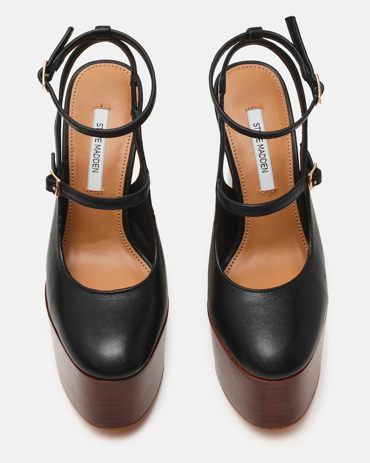 SCOTLYN Stacked Black Leather Mary-Mary Platform Women's Block Heel