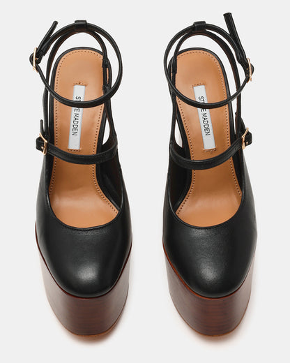 SCOTLYN Stacked Black Leather Mary-Mary Platform Women's Block Heel