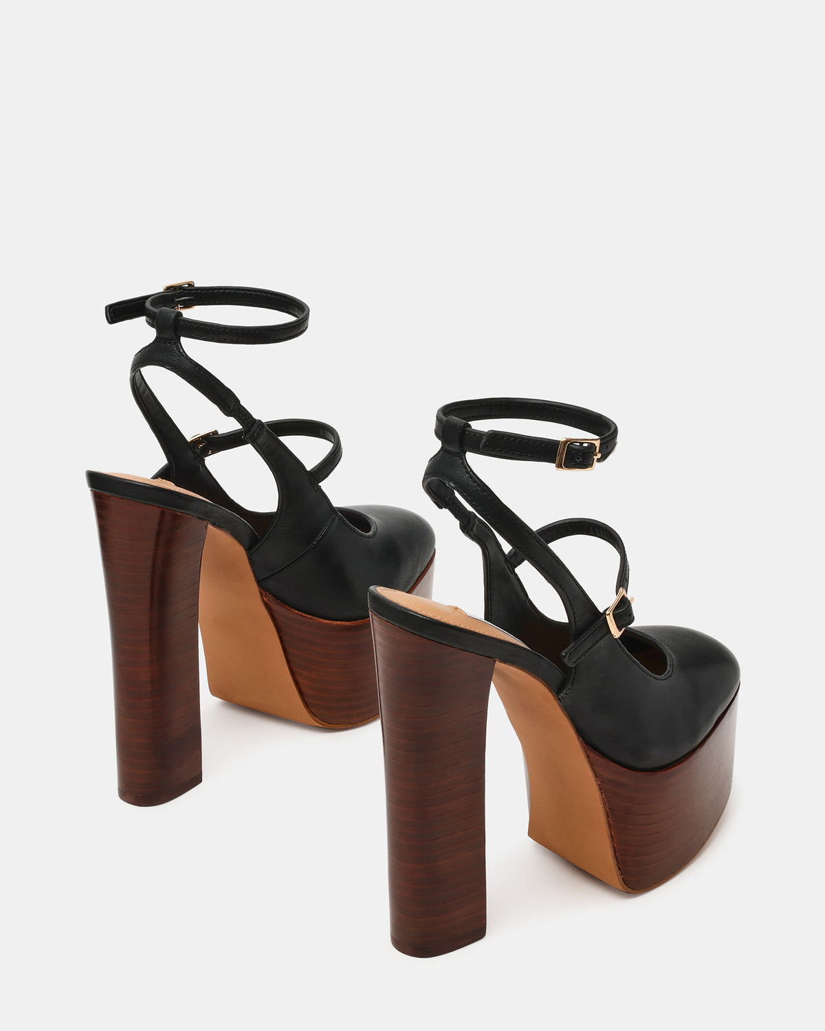 SCOTLYN Stacked Black Leather Mary-Mary Platform Women's Block Heel