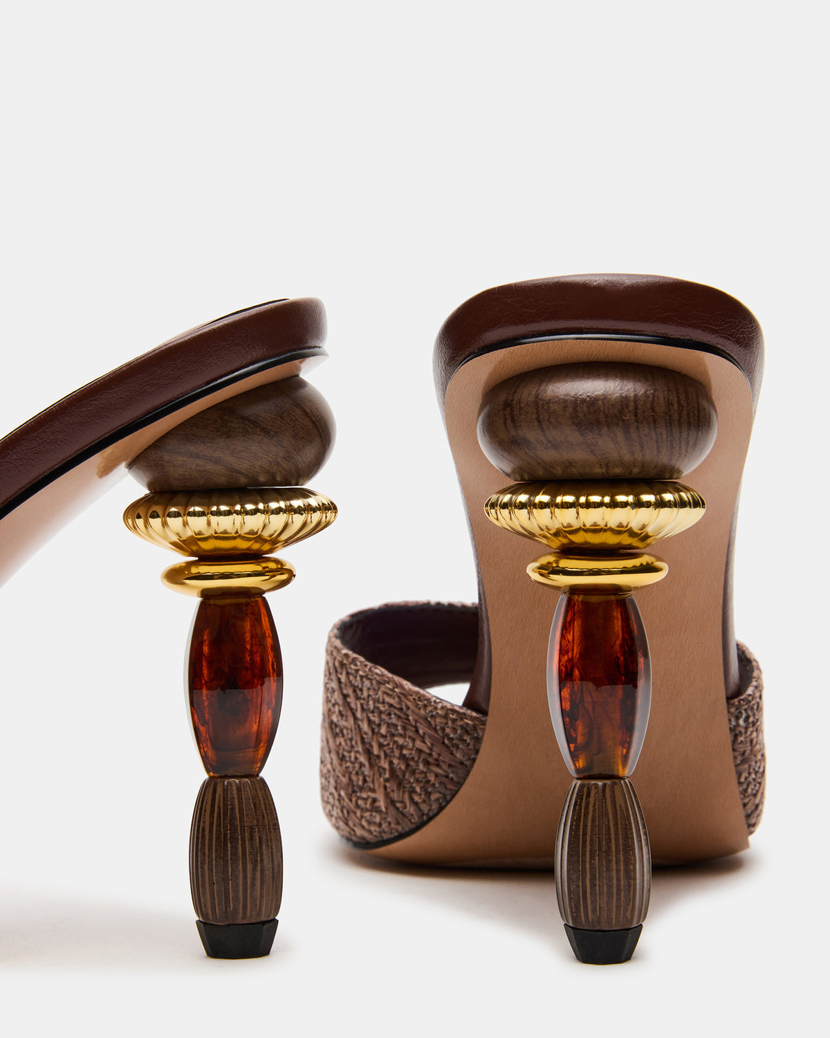 SIA Brown Square-Toe Mule Sculptured Beaded Women's Heel