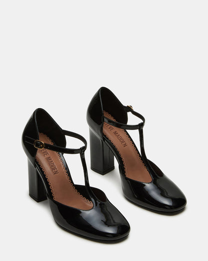 MALCOLM Black Patent T-Strap Block Heel Women's Heel