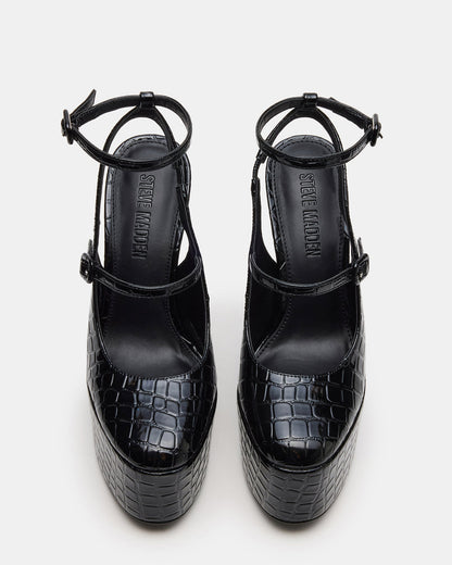 SCOTLYN Black Crocodile Women's Platform Block Heel