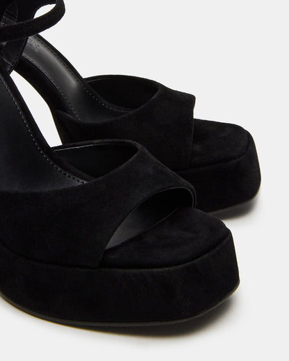 LINADRA Black Suede Women's Platform Square-Toe Strappy Heel