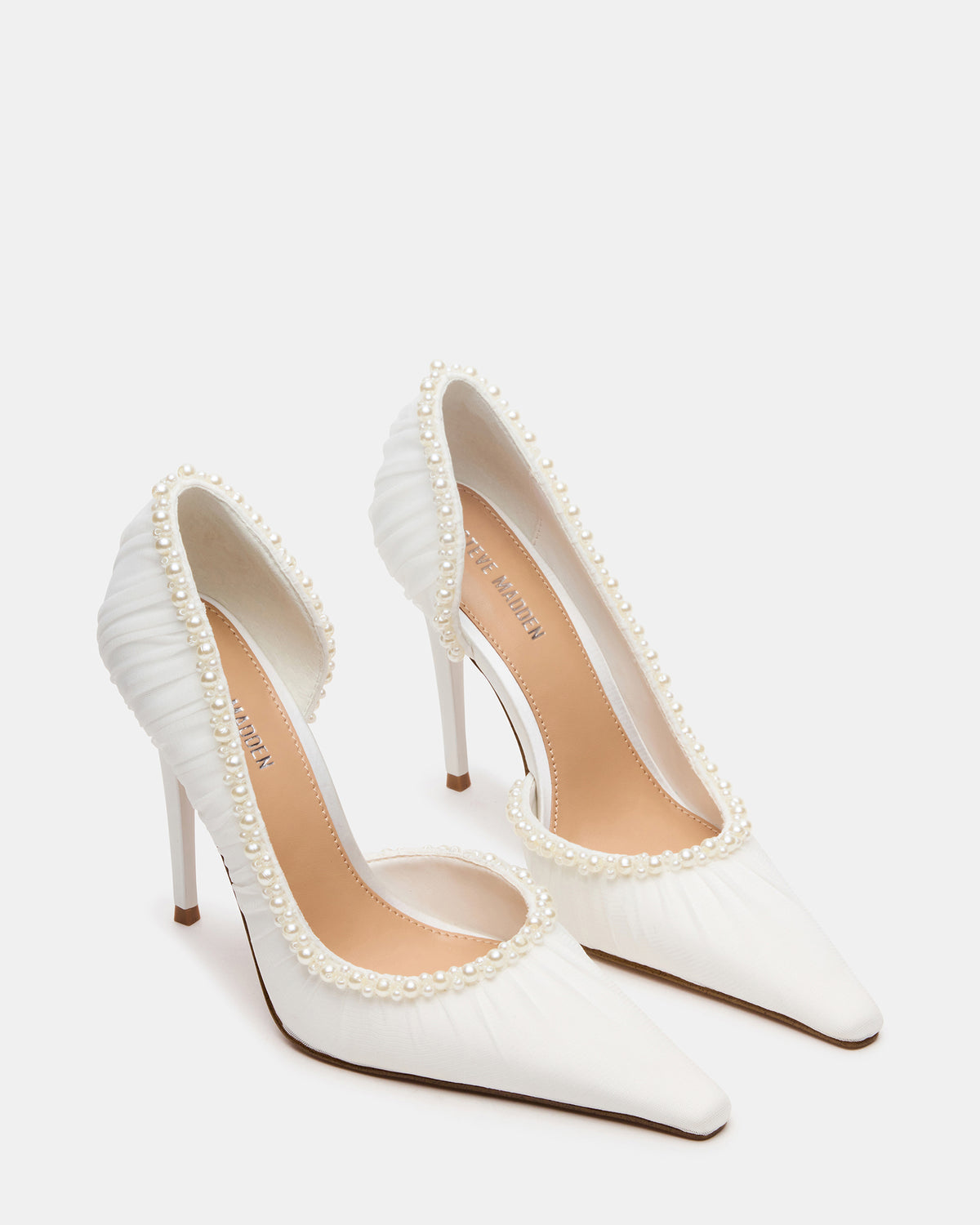 ELEGANT Pearl Ivory Mesh Ruched Pointed-Toe Stiletto Pump Women's Heel