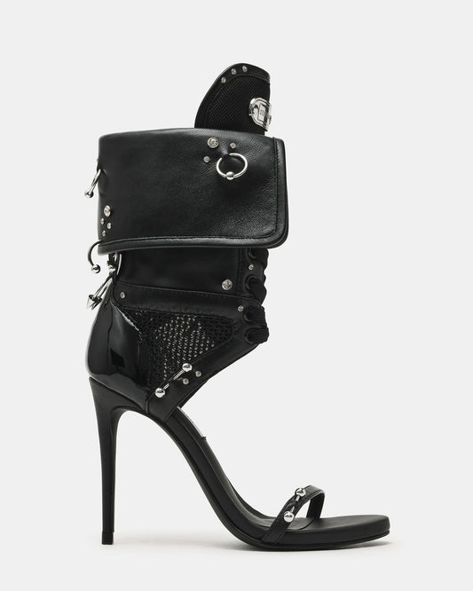 CASELLA Piercing Black Open-Toe Stiletto Lace-Up Women's Heel