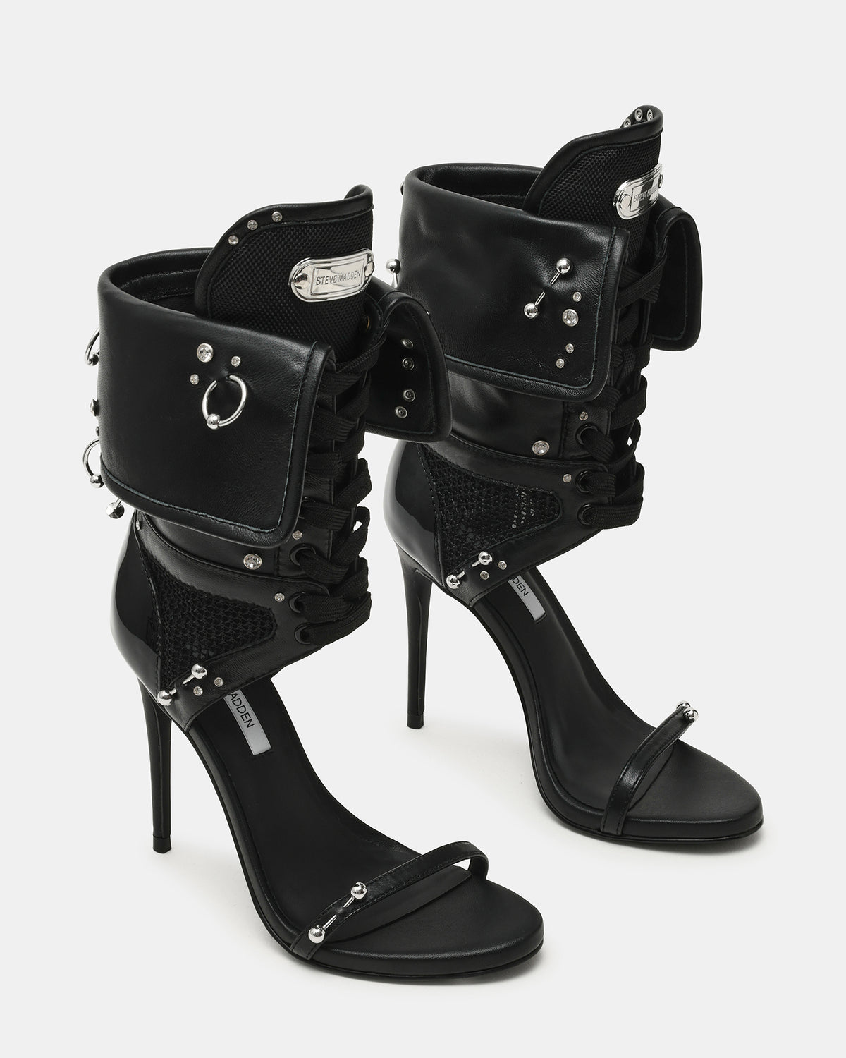 CASELLA Piercing Black Open-Toe Stiletto Lace-Up Women's Heel