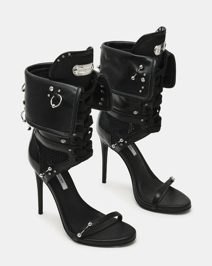 CASELLA Piercing Black Open-Toe Stiletto Lace-Up Women's Heel