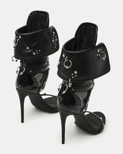CASELLA Piercing Black Open-Toe Stiletto Lace-Up Women's Heel