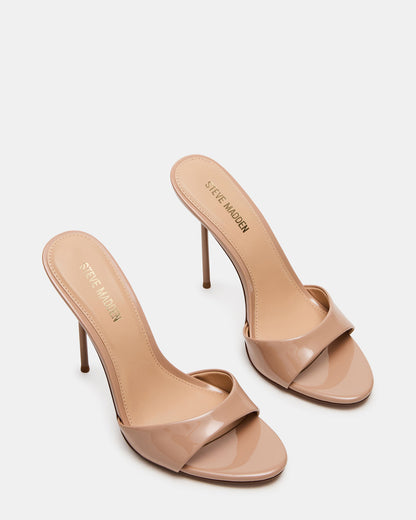 DAVINA Tan Patent Rounded Open-Toe Mule Stiletto Women's Heel