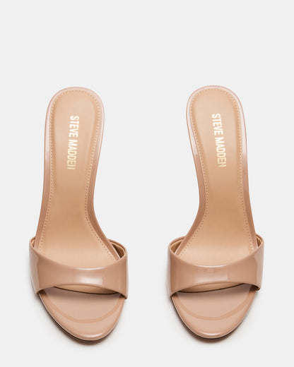 DAVINA Tan Patent Rounded Open-Toe Mule Stiletto Women's Heel