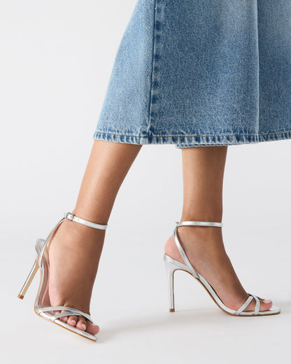 JYPSEY Silver Leather Strappy Stiletto Women's Heel