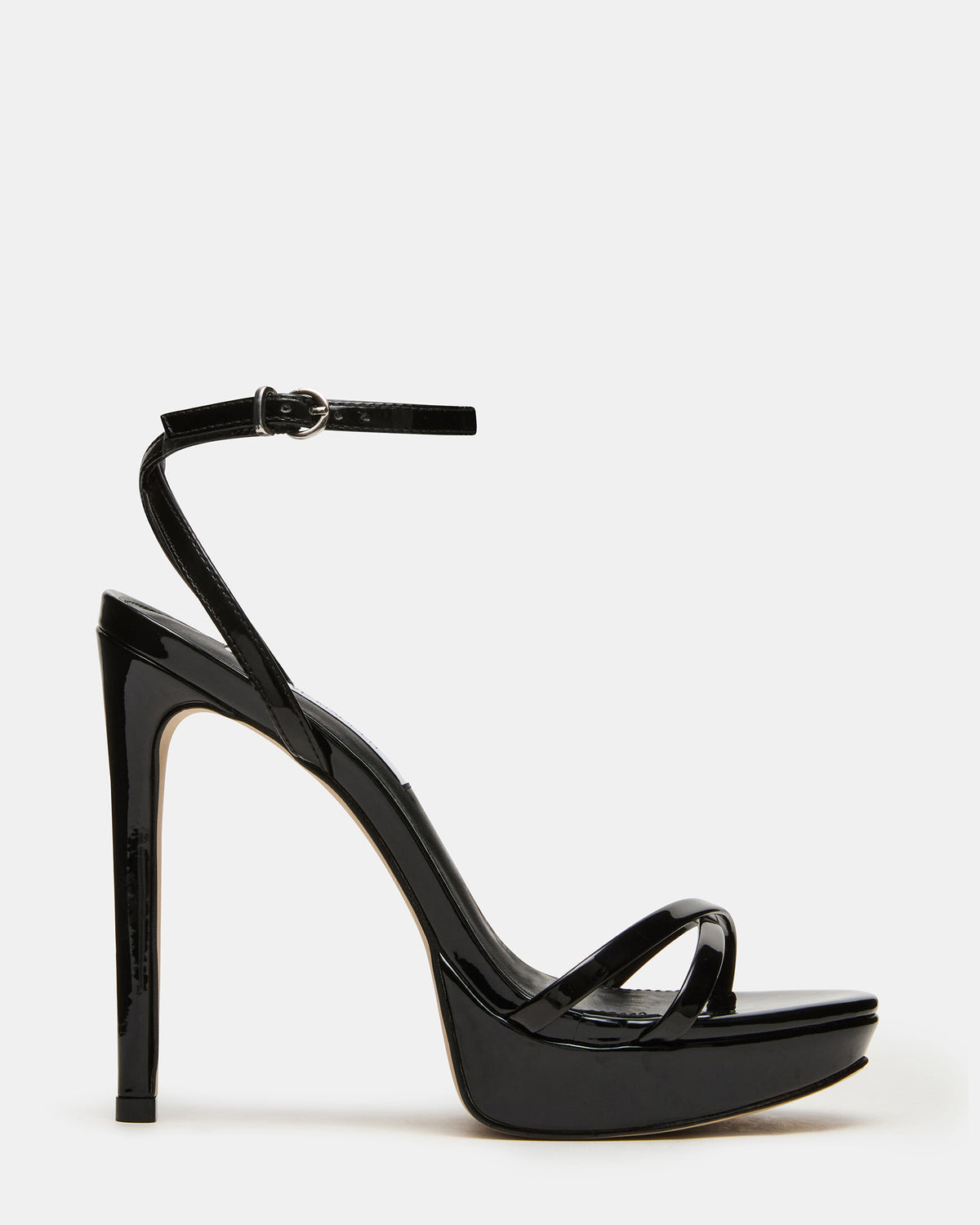 JUNI Black Patent Criss Cross Stiletto Ankle Strap Women's Heel