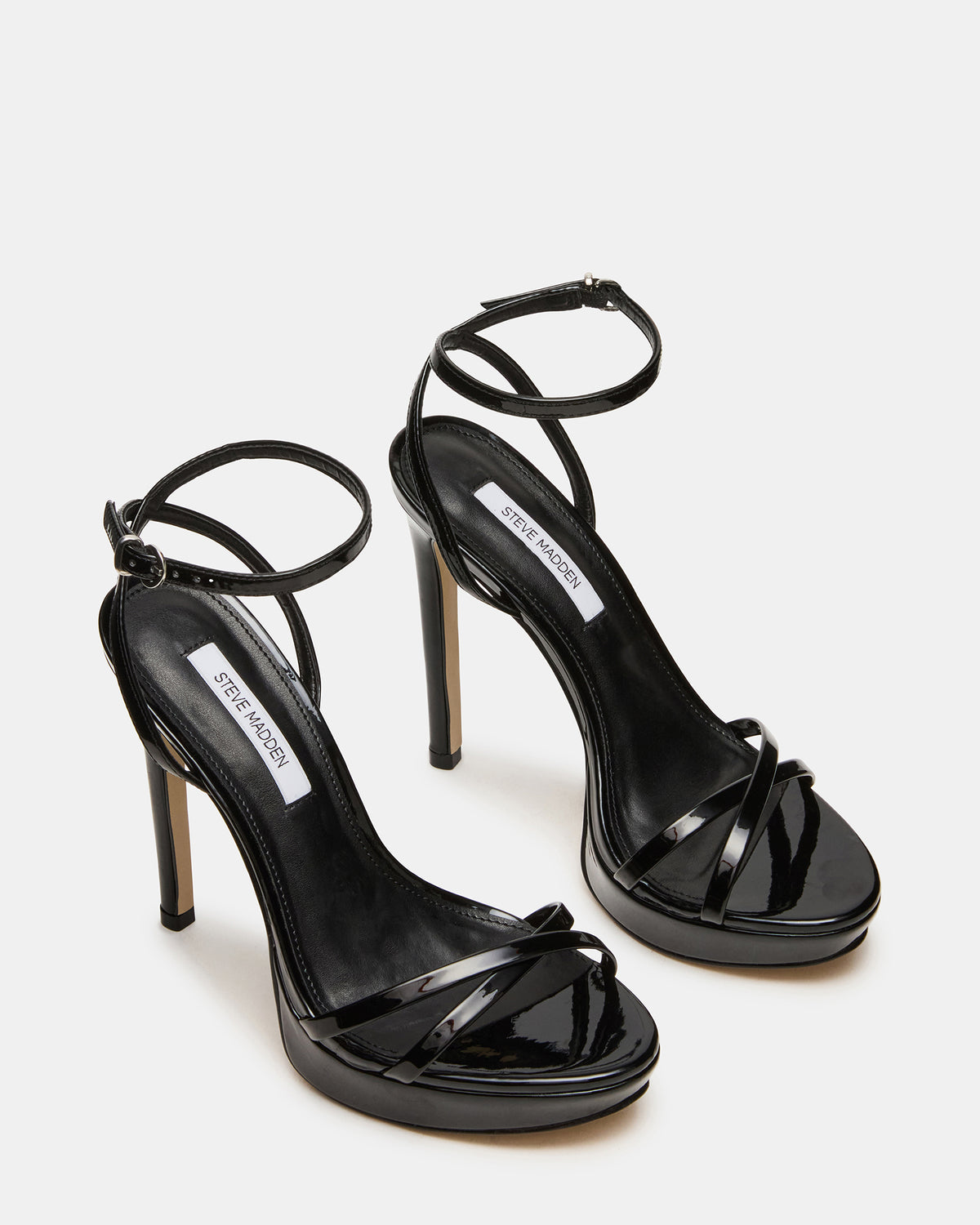 JUNI Black Patent Criss Cross Stiletto Ankle Strap Women's Heel