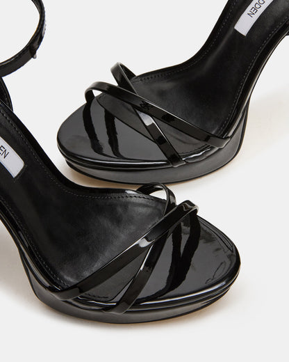 JUNI Black Patent Criss Cross Stiletto Ankle Strap Women's Heel