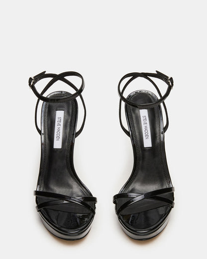 JUNI Black Patent Criss Cross Stiletto Ankle Strap Women's Heel