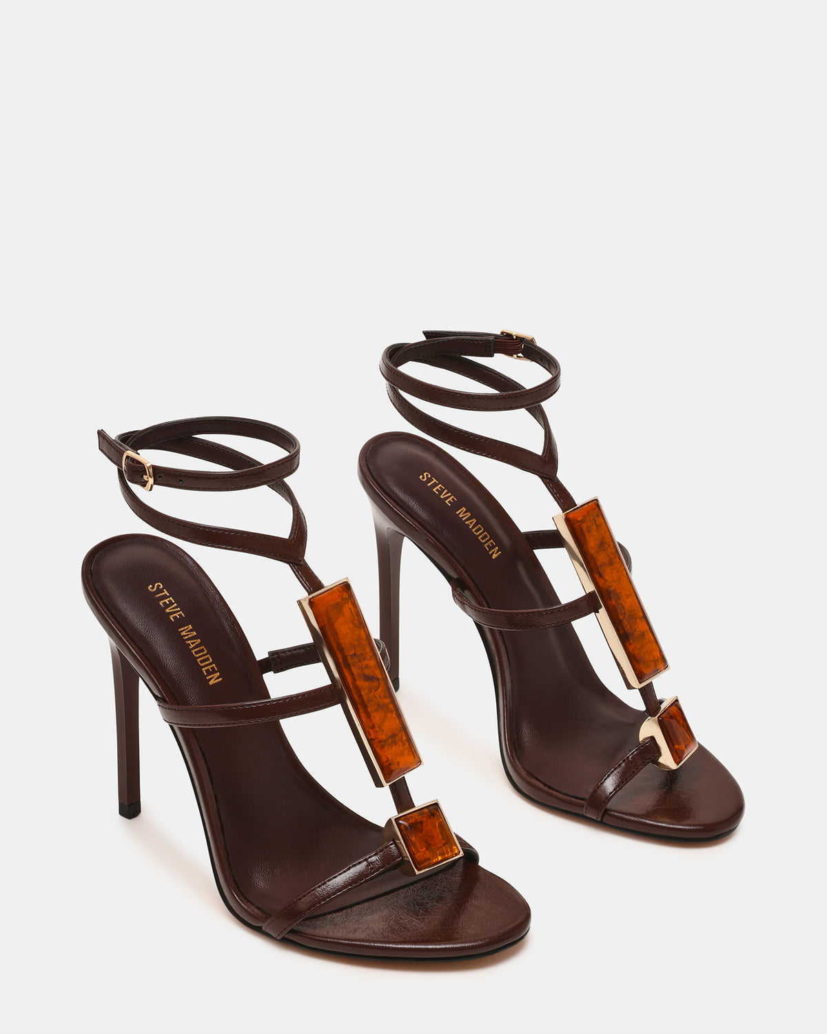 SHAYLEE Brown Stone Detail Strappy Stiletto Women's Heel