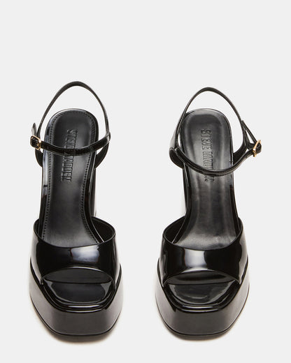 LIANDRA Black Patent Women's Platform Square-Toe Strappy Heel