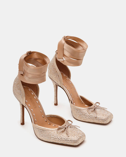 LARINA Champagne Rhinestones Square-Toe Stiletto Lace-Up Women's Heel