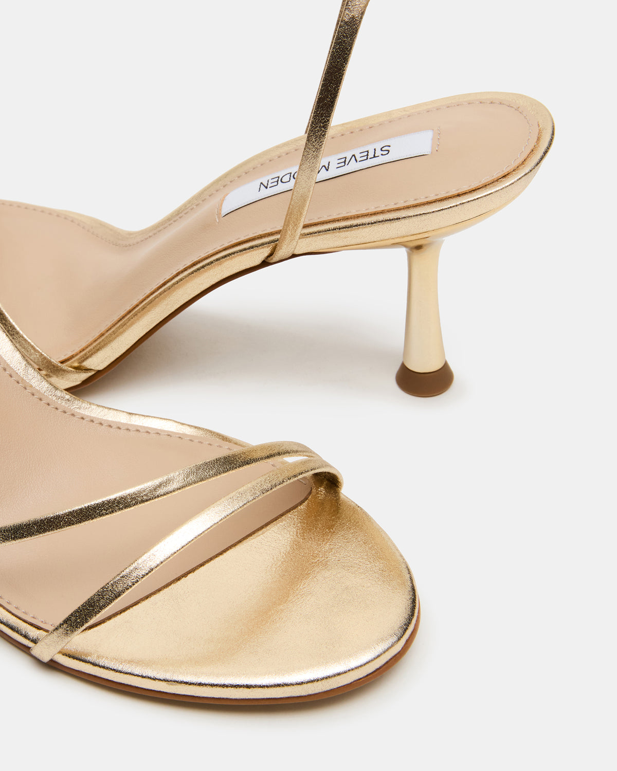 ERAS Gold Leather Stiletto Round-Toe Ankle Strap Women's Heel