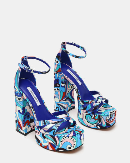 RETRO Blue Print Open-Toe Block Heel Platform Women's Heel