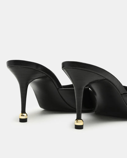 ADELINE Black Leather Mule Pointed-Toe Gold-Detail Women's Heel