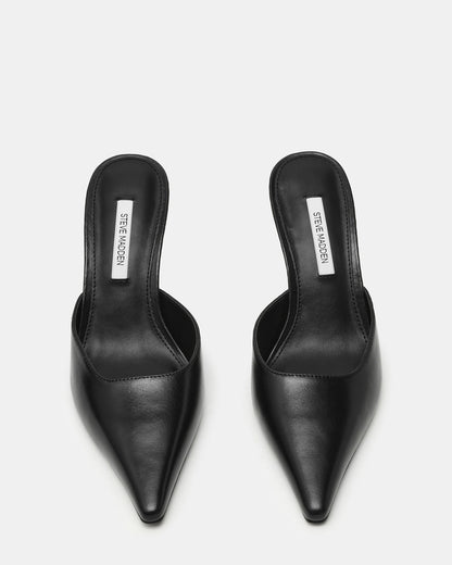 ADELINE Black Leather Mule Pointed-Toe Gold-Detail Women's Heel