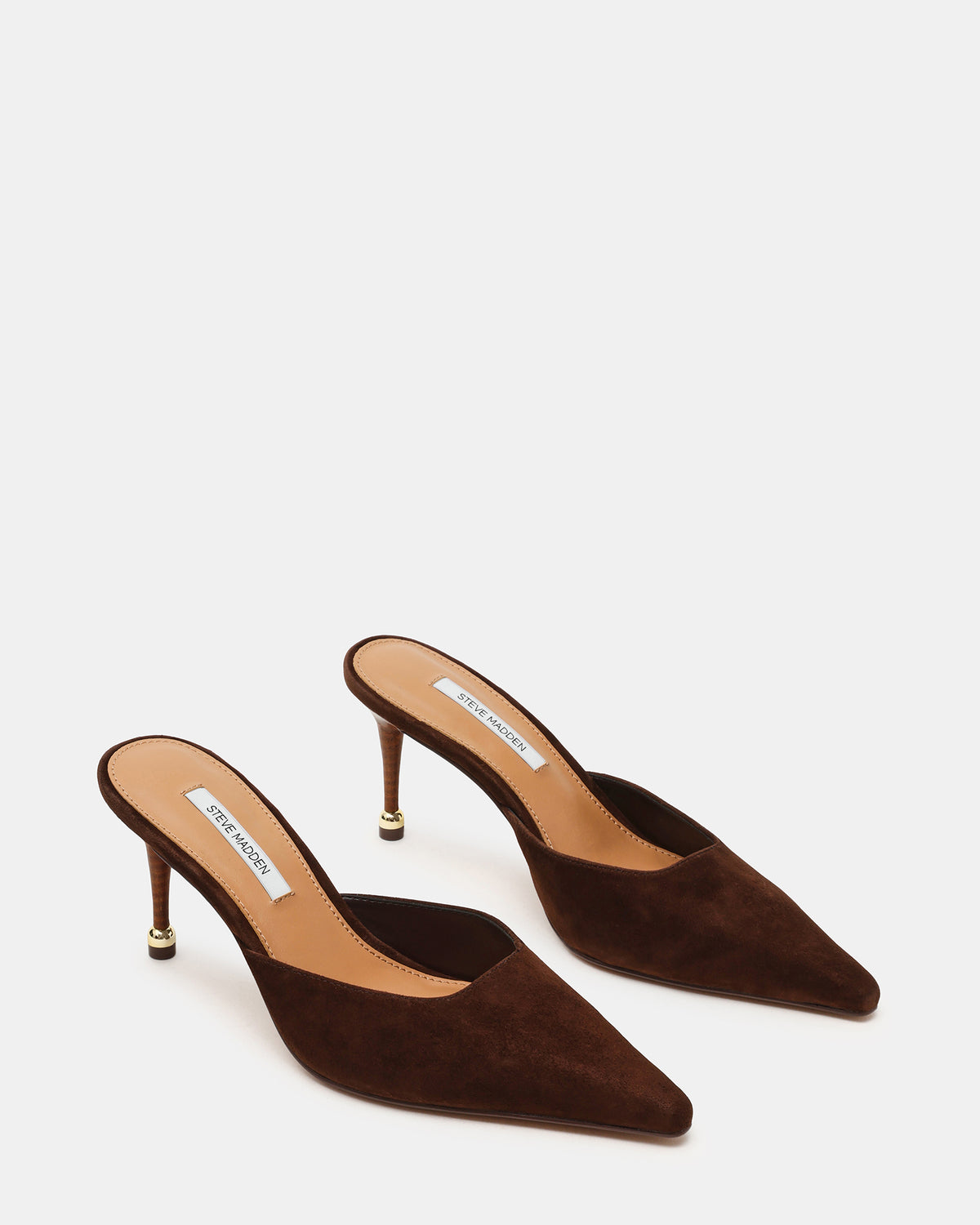 ADELINE Brown Suede Mule Pointed-Toe Gold-Detail Women's Heel
