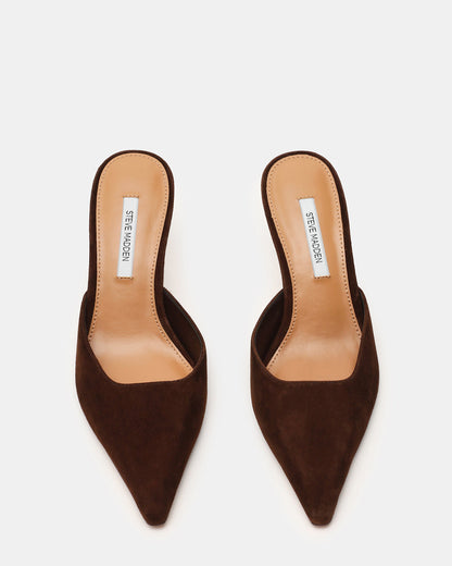 ADELINE Brown Suede Mule Pointed-Toe Gold-Detail Women's Heel