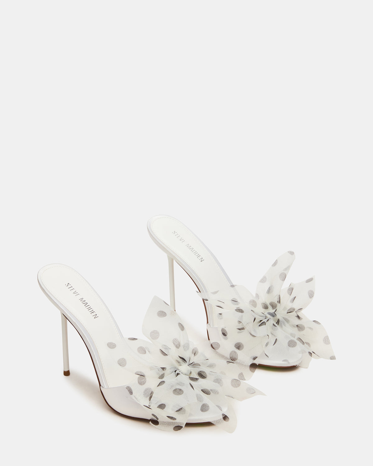 DAVINA Tulle White/Black Polka Dot Rounded Open-Toe Mule Stiletto Women's Heel