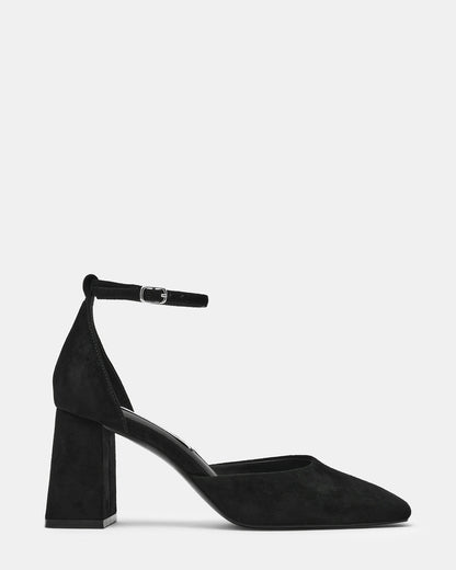 HARTLYN Black Suede Square-Toe Block Heel Ankle Strap Women's Heel